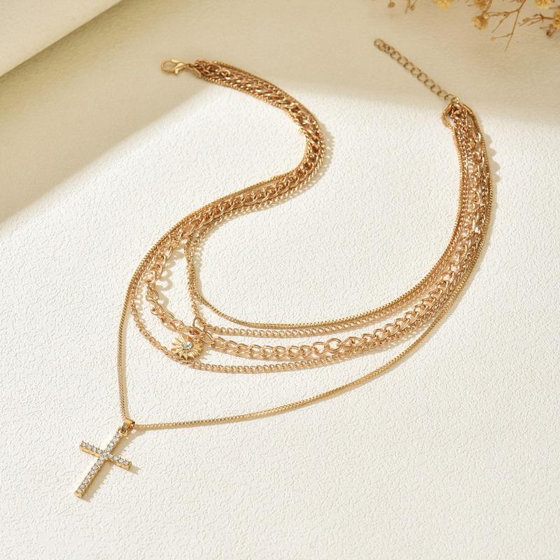 Diamond-encrusted cross necklace jewelry women's multi-layer stacked wearing personalized high-end sun collarbone chain