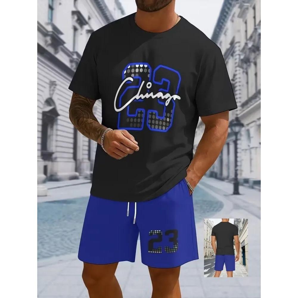 Summer Fashion Comfort Plus Size Sports Leisure Comfortable Two-piece Set Letter Stripes 3D Printing Loose Breathable Men's Sports Wear
