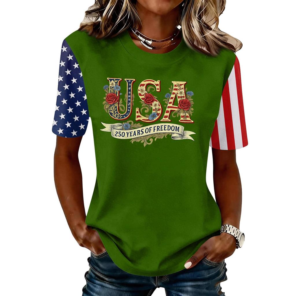 Women's Fashionable Casual Short Sleeve Print Round Neck Pullover Top