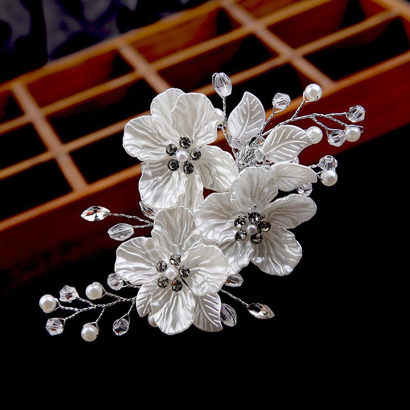 1Pc Headpiece Handwoven Bride Headwear Women White Flower Gift Hair Clip Crystal Jewelry Hair Accessories