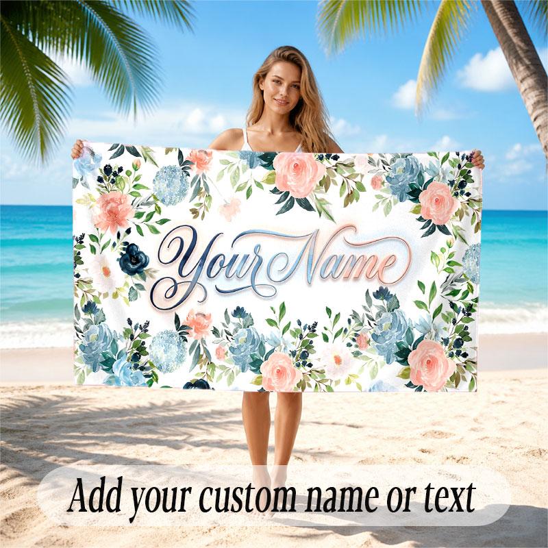 Floral Garden Theme Soft Beach Towel Personalized Custom Name Text Towel Portable for Beach Pool Travel