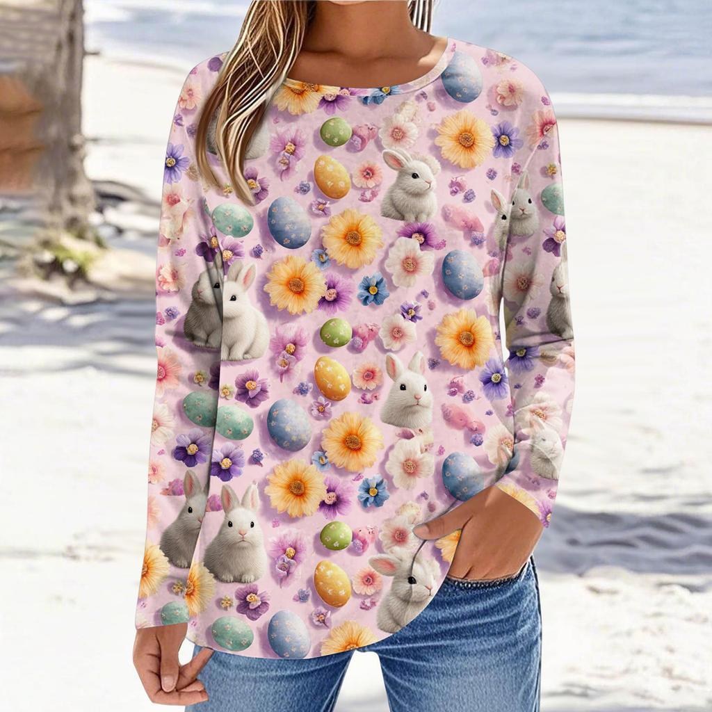 Women's Daily Casual Long Sleeved Easter Printed Round Neck Top