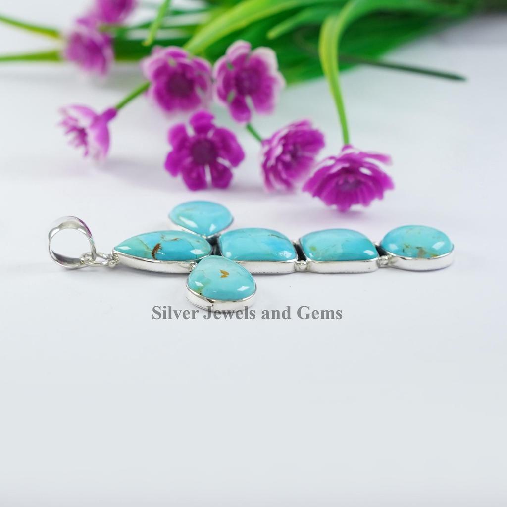 Natural Turquoise Cross Pendant , Kingman Turquoise Pendant, Birthday Pendant, Multi Stone Pendant, 925 Sterling Silver Handmade Pendant