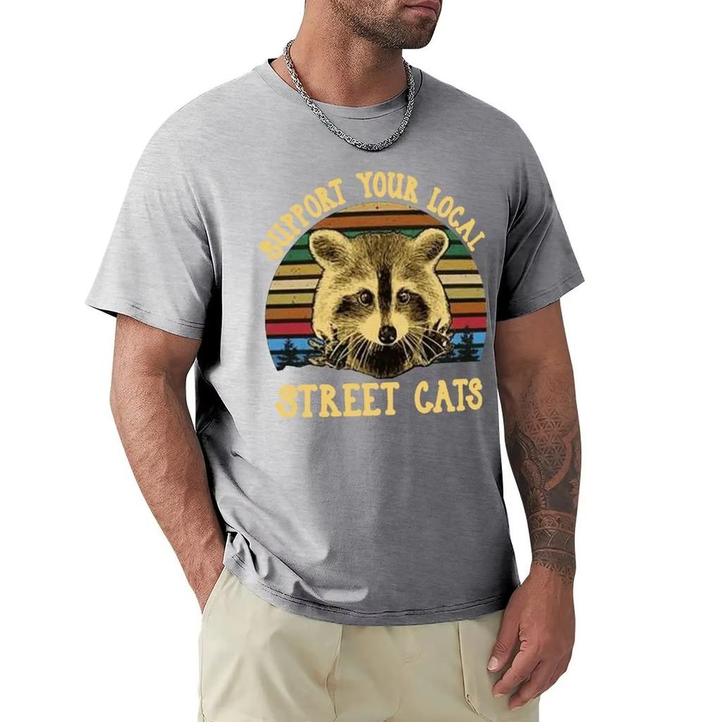 Raccoon Support Your Local Street Cats Vintage Men TShirt Black Cotton Unisex Loose Fit TEE Shirt