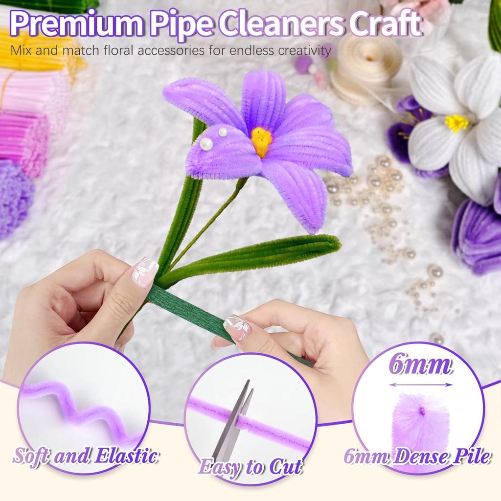 500 Pcs Pipe Cleaners Flower kit, 20pcs Green Floral Wires, 1pc Gardening Tape, 150pcs Stamen, Pipe Cleaners Craft