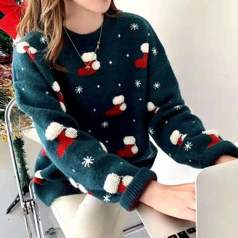 Schneeflocke Christma O-Ausschnitt Pullover Damenmode Langarm Herbst Winter Socken Print Strickpullover Chic Lady Jumper