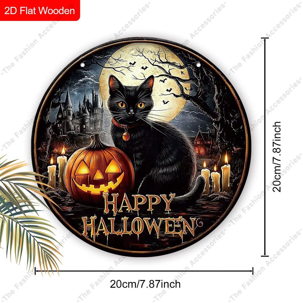 Happy Halloween Black Cat Castle Pumpkin Round Wooden Hanging Sign, Front Door Wall Halloween Decor