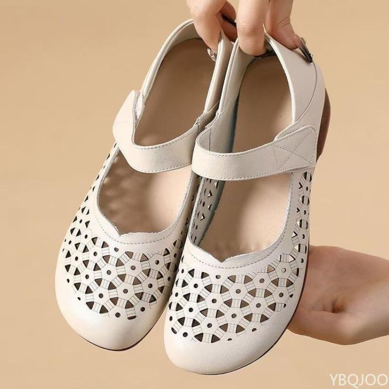 Genuine Leather Sandals Hollow Women 2025 New Model Summer Large Size Wedges Heel Shoes Comfort Women Soft Casual Sandals