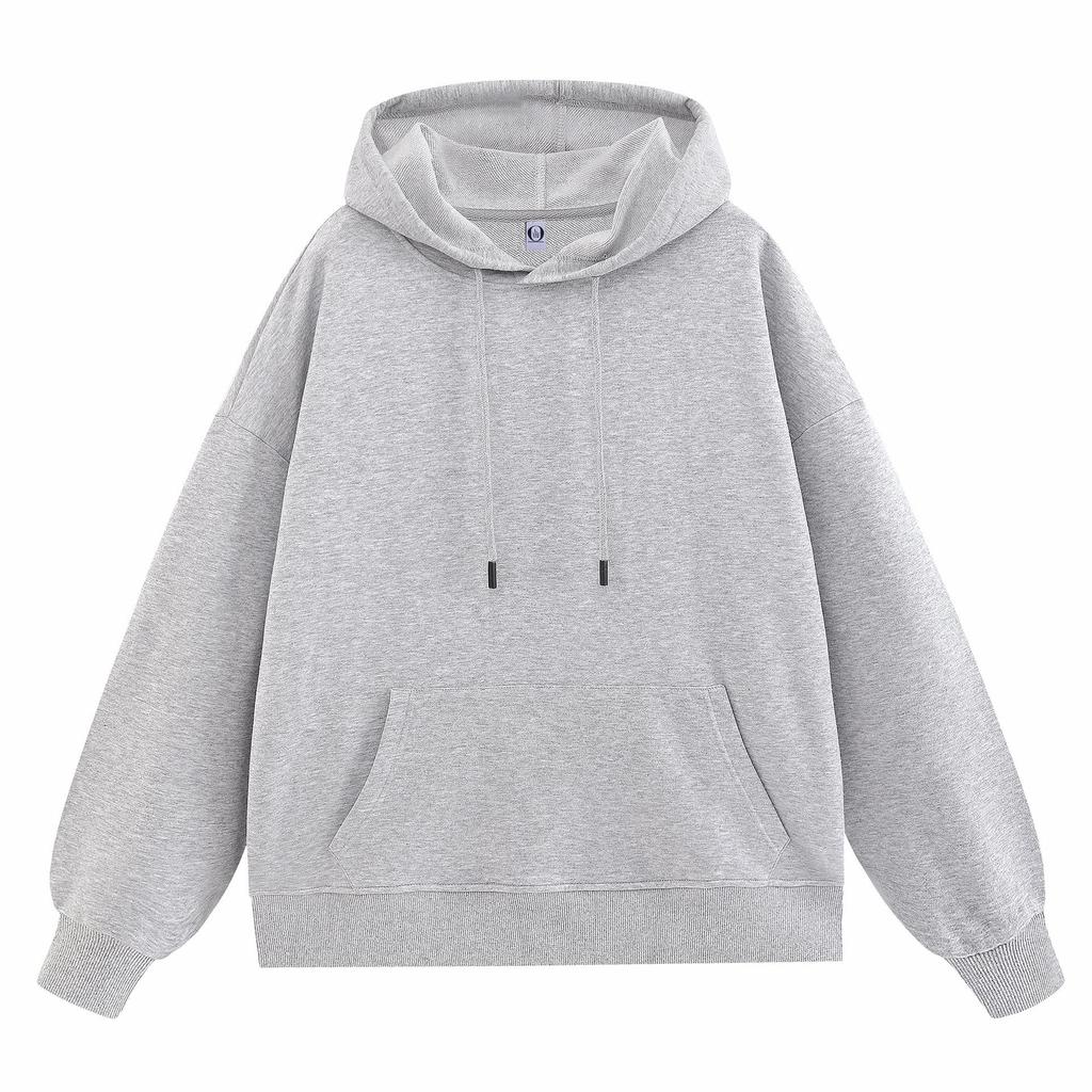 Loose Oversized Drop Shoulder Hooded Pullover Sweatshirt with Pocket - Solid Color, European Size, Customizable Design
