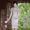 Womens Modern Cheongsam Dress Vintage Style Mid-Length Slim Fit Ice Silk Linen Blend 3D Print Stand Collar