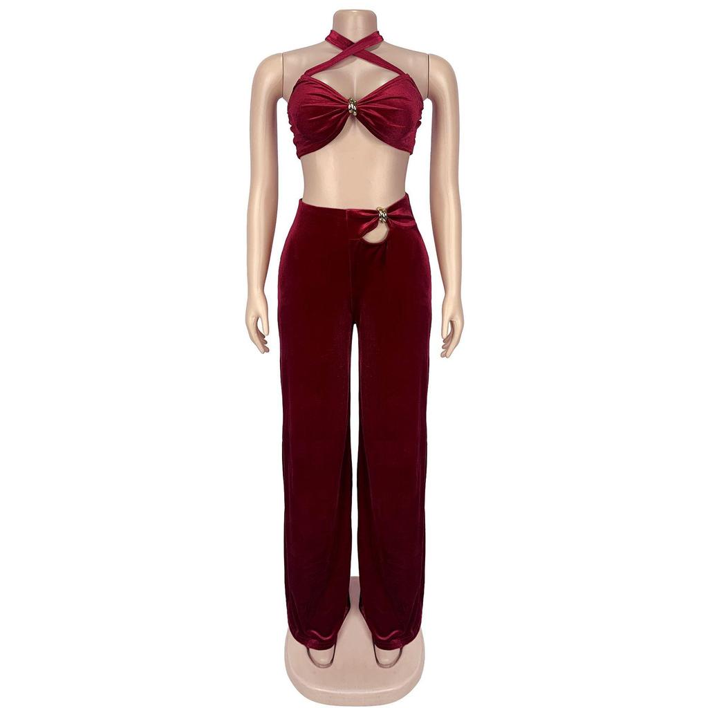 C7236 Women's Fashion Solid Color Strapless Long Pants Two-Piece Set