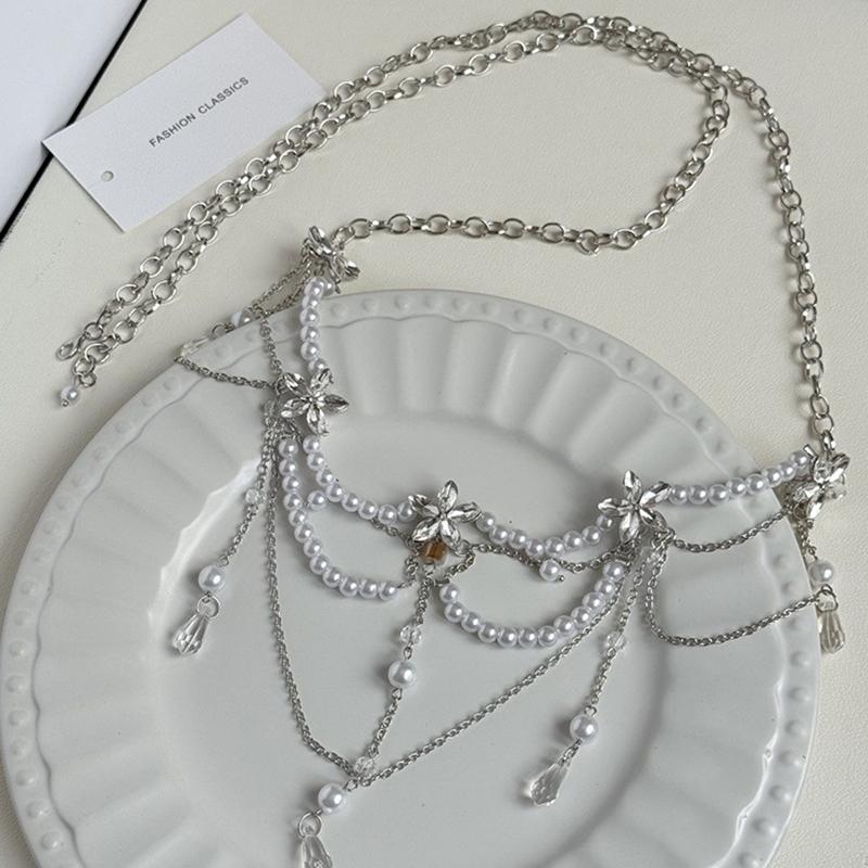 Flower Pearl Tassel Necklace Ladies Sexy Pearl Multi-Layer Body Chain Elegant Waist Chain For Beach Outfit  Accessory