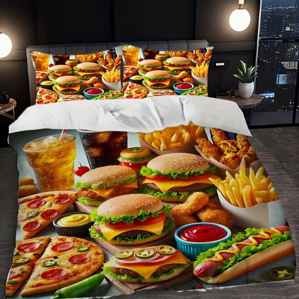 Hamburger Fried Chicken Fast Food Digital Printed Bedding Set Sofy Cozy Duvet Cover King Queen Twin Single Size Bithday Gift
