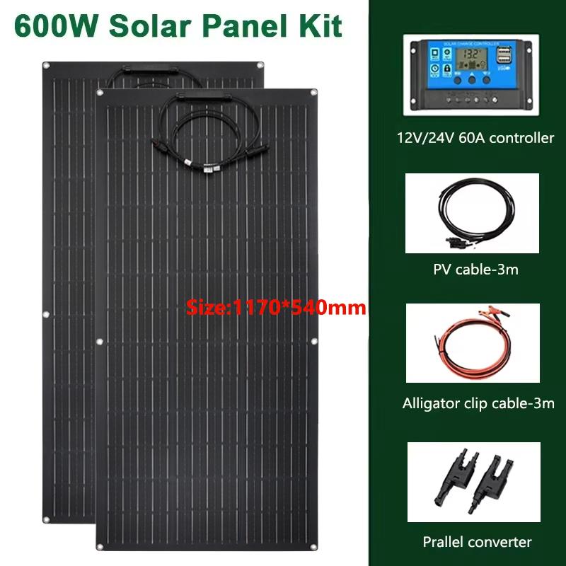 600W Solar Panel Kit Complete 18V Flexible Monocrystalline Solar Cell 12V Battery Charger System for Home Car Boat RV Camper