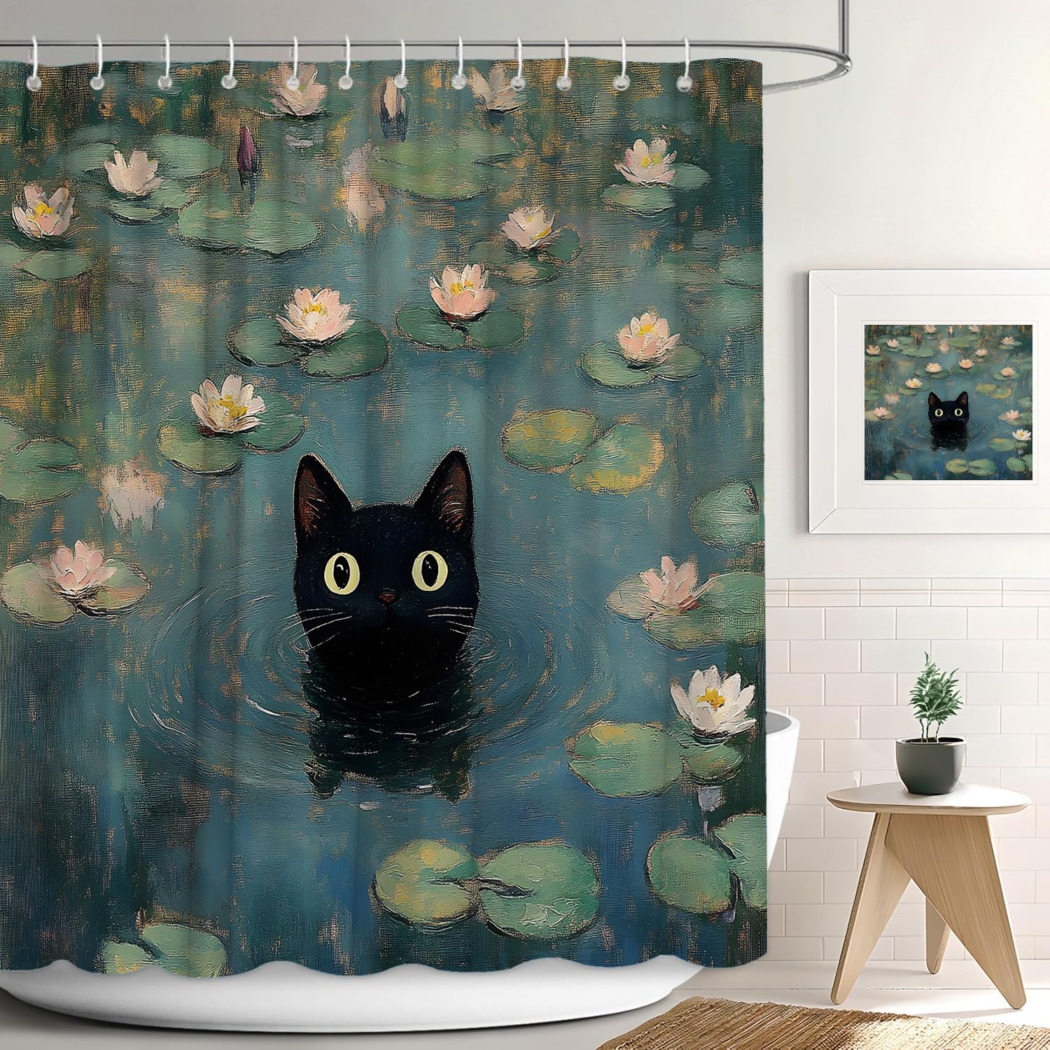 

Funny Cat Shower Curtain Abstract Oil Painting Art Cute Black Kitten In Water Lilies Pink Lotus Floral Lovely Animal Hooks W60H190(CM)-1 Pcs