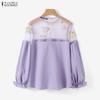ZANZEA Women Perspective Mesh Splice Round Neck Long Sleeve Casual Blouse