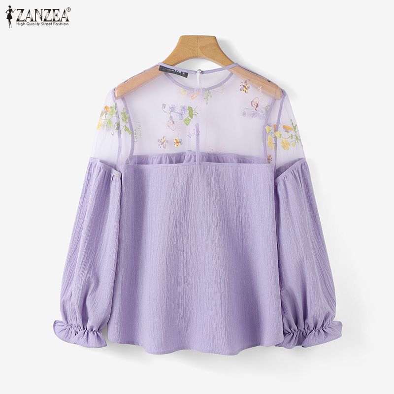 ZANZEA Women Perspective Mesh Splice Round Neck Long Sleeve Casual Blouse