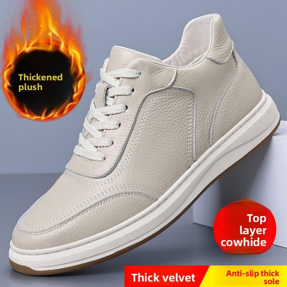 Genuine Leather Men Casual Shoes Winter Warm Lined Slip On Sneakers White Shoes for Men