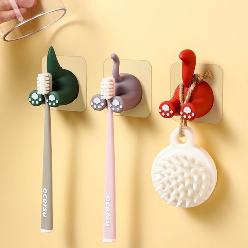 Cartoon Animal Tail Toothbrush Holder Punch-Free Wall Hook Cute Self-Adhesive Bathroom Towel Hook Children Toothbrush Holder