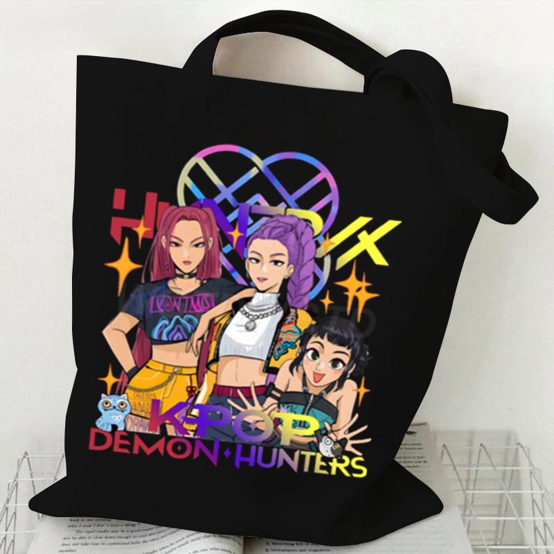 Demon Hunters Canvas Tote Bag Huntrix Girl KPop Shoulder Bag Saja Boys Zoey Rumi Mira Handbag For Daily Shopping School Commute