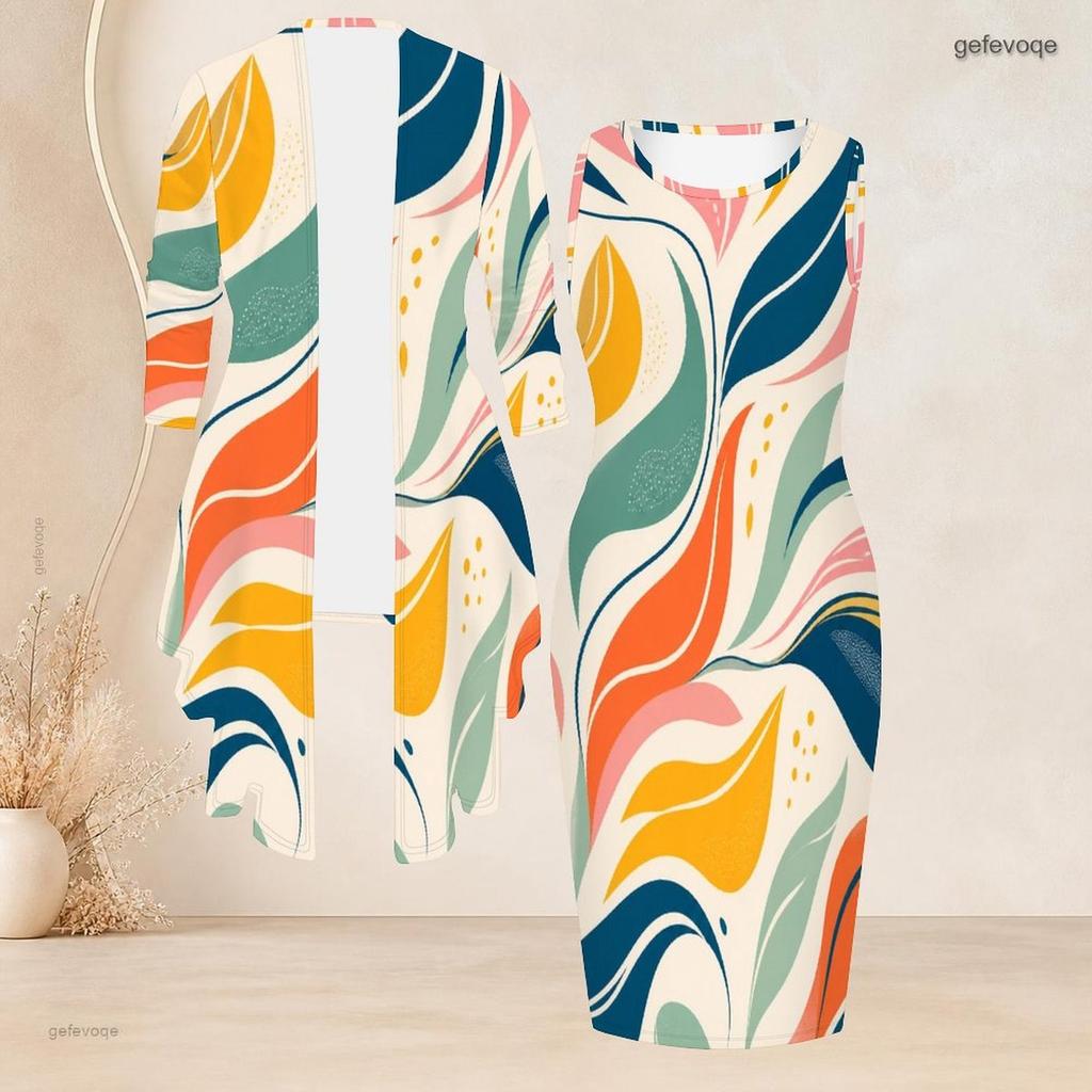 Women Plus Size Two Piece Set Abstract Printed Sleeveless Bodycon Dress And Three Quarter Sleeve Cardigan