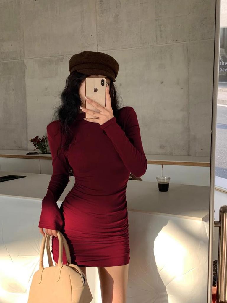 Slim Fit Half-High Collar Long Sleeve Dress for Women - Sexy Autumn/Winter Hip-Hugging Style