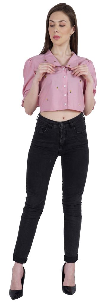 Moomaya Puff Sleeve Crop Top For Women Solid Button Down Collar Designer