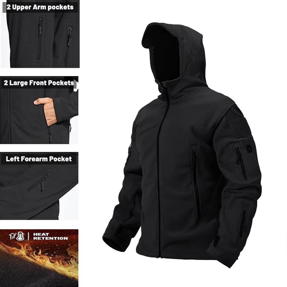 Men's Polar Fleece Tactical Zipper Jacket Outdoor Hooded Warm Outwear Solid Color Basic Style Sports Jacketcoat Male Clothing