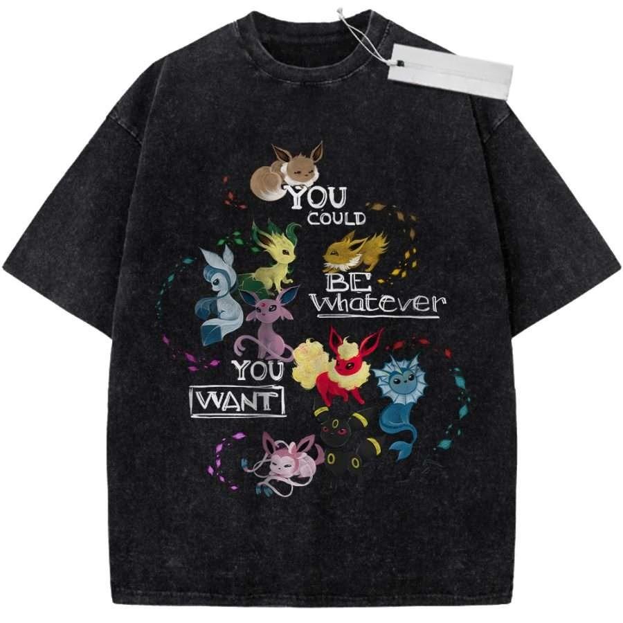 T Shirt Sports T Shirt Short Sleeve T Shirt Black Unisex Pure Cotton Washed Vintage Pokemon Eevee Evolutions Anime Print M