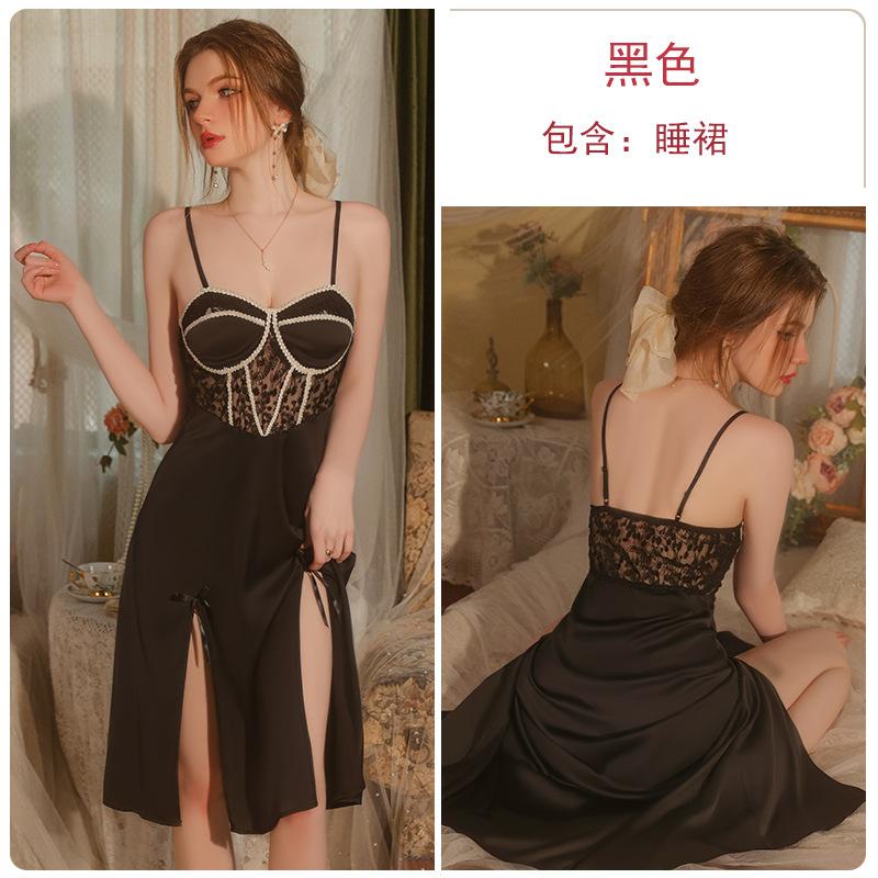Women's Satin Lace Sheer V Neck Padded Slit Sleep Dress with Robe Lounge Set