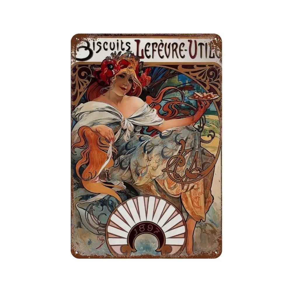 Alphonse Mucha Affisch Pinup-flickor Metallplåtskylt Konst Målning Dekorativa Väggplåtar För Bar Café Vardagsrum Hem Väggdekor