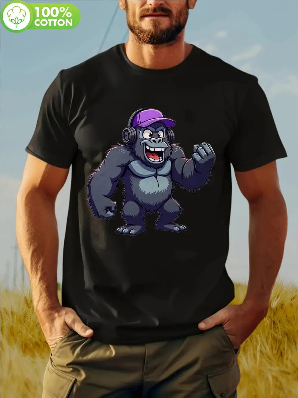 Cool Gorilla Music 23AB9 Retro Graphic T-shirt - 180g Heavyweight Cotton Crew Neck Short Sleeve Tee with Vibrant Gorilla & Headphones Print XXL
