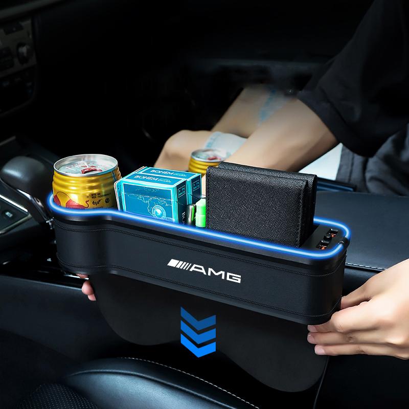 LED Large Capacity PU Car Seat Back Storage Box Seat Gap Filling Bracket Storage Box For Mercedes Benz AMG A B C E G CLA W211