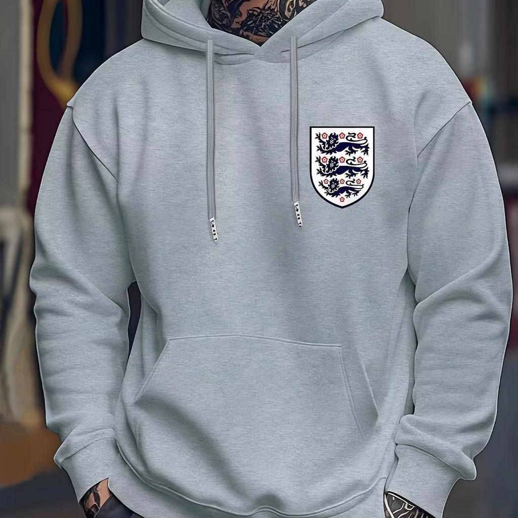 Men's Casual Hooded Sweatshirt with England Flag Print - Winter Pullover, Regular Fit Hoodie for Casual Attire, Sweater Hoodie