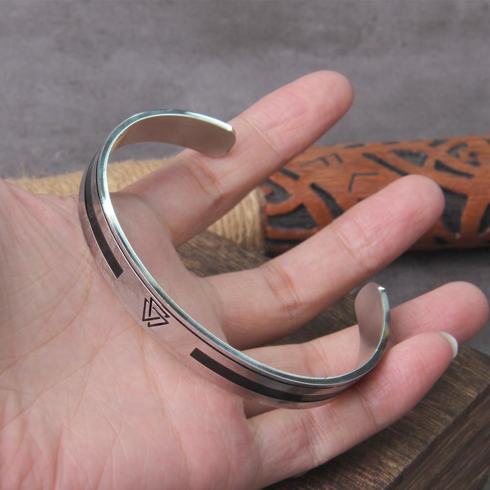 Handmade Stainless Steel Viking Valknut Bangle for Men Nordic Style Never Fade with Wooden Gift Box