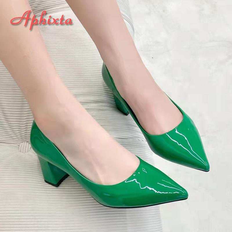 Aphixta New 2.75Inch Square Heel Patent Leather Shoes Women Pumps Dark Green Thick Heels Work Pointed Toe Plus Size 50