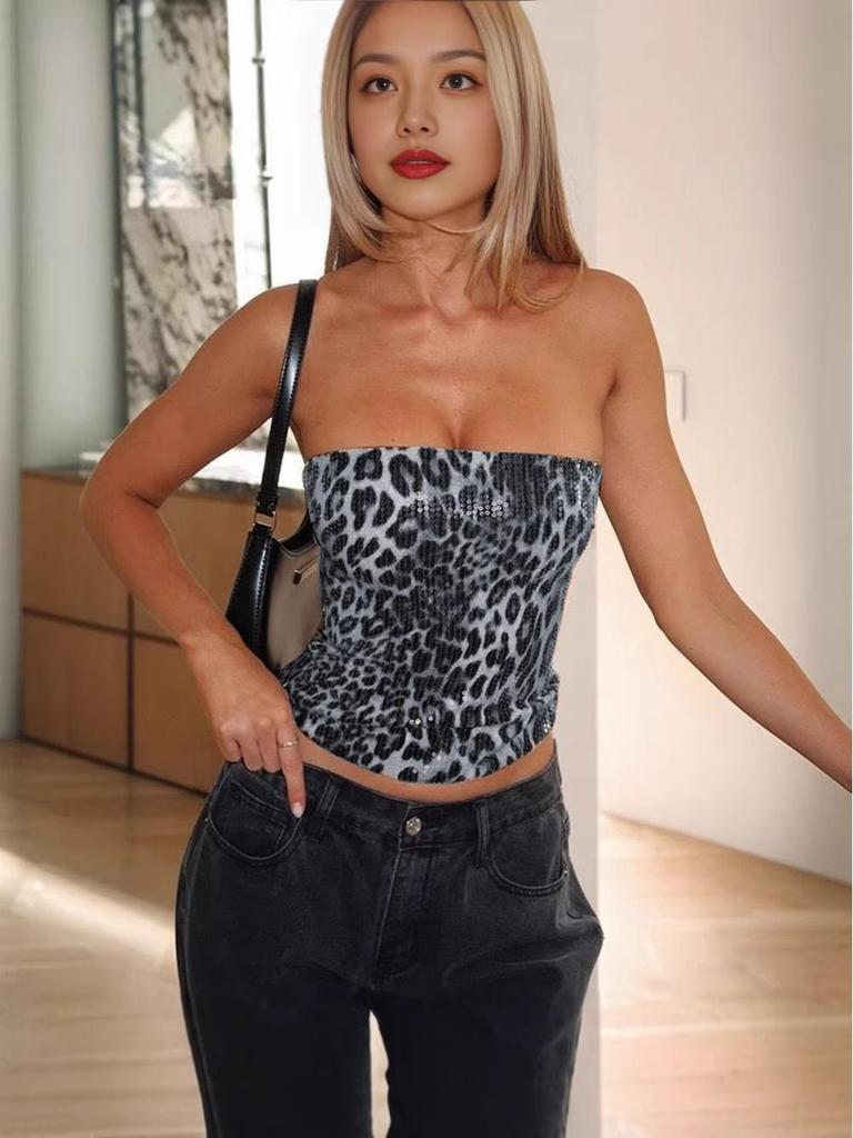 2025 European & American Leopard Print Sequin High-Waisted Zipper Bustier Crop Top Women's Fashion