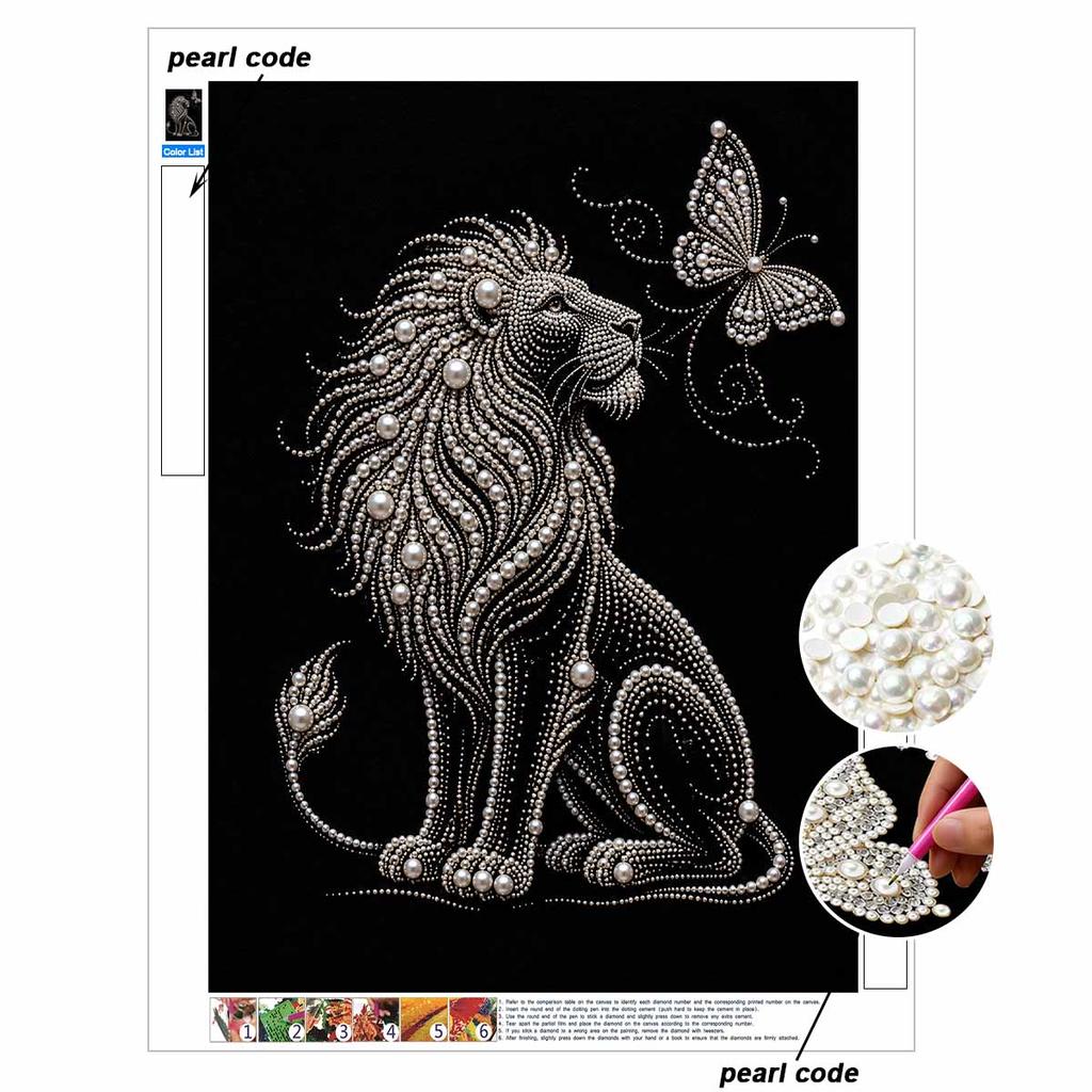 DIY Pearl Embroidery Diamond Painting Kit Majestic Lion and Butterfly Sparkling Beads Art Craft Handmade Decoration Gift for Home