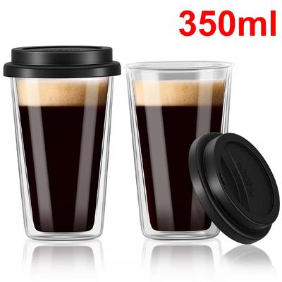 350ml Skleněné hrnky na kávu s dvojitou stěnou a silikonovými víčky, Izolovaný nápoj, Opakovaně použitelný kávový šálek, Bezpečný pro horké/studené nápoje na ráno