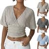 Women V Neck Striped Short Sleeve Casual Top Relaxed Fit Ruched Waist Lightweight Pullover Blouse for Daily Wear