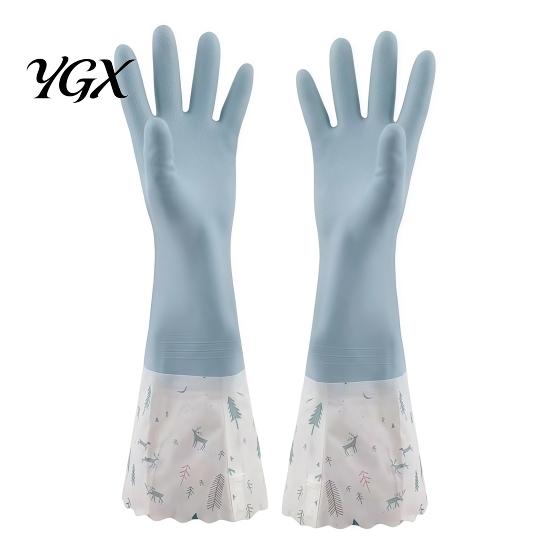 Wear Resistant Dish Gloves with Velvet Long Sleeves Dishwashing Gloves, Thick Fleece Lining Non-Slip Silicone Cleaning Thickened Winter Reusable