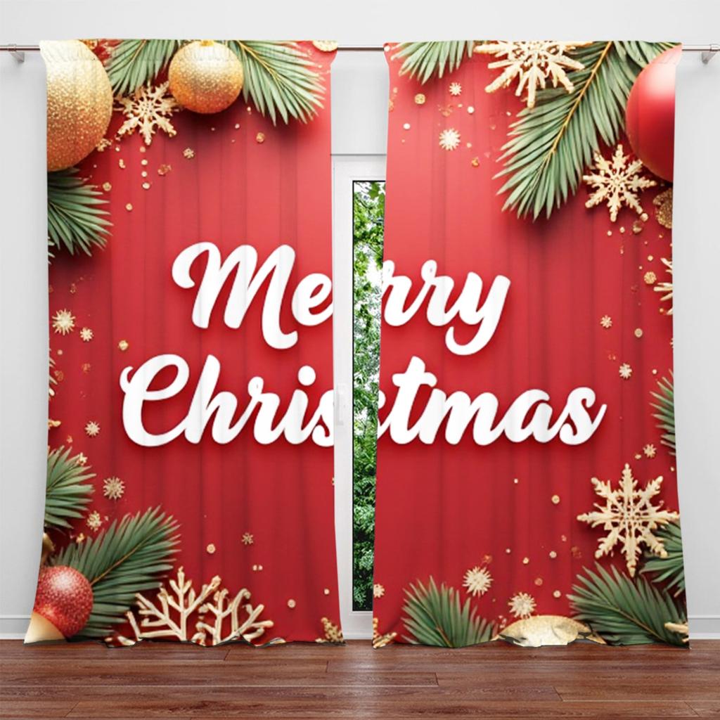 2pcs Have Festive Atmosphere of Merry Christmas Printed Curtain for Christmas Home Decor-Rod Pocket Window Treatment for Bedroom