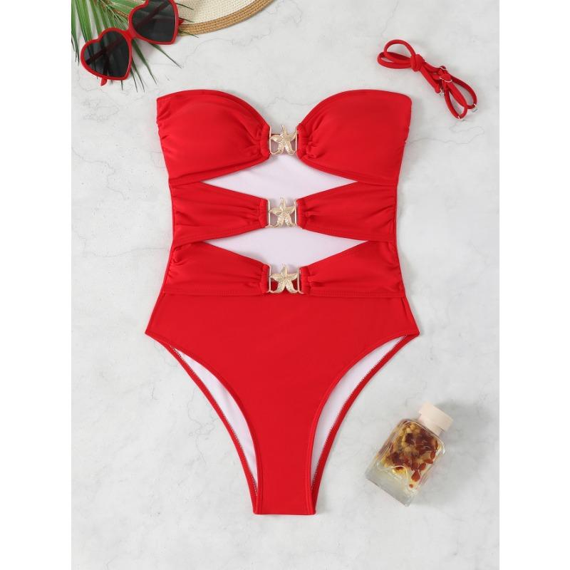 Womens Sexy Solid Color Strappy Hollow Out One Piece Beach Swimsuit