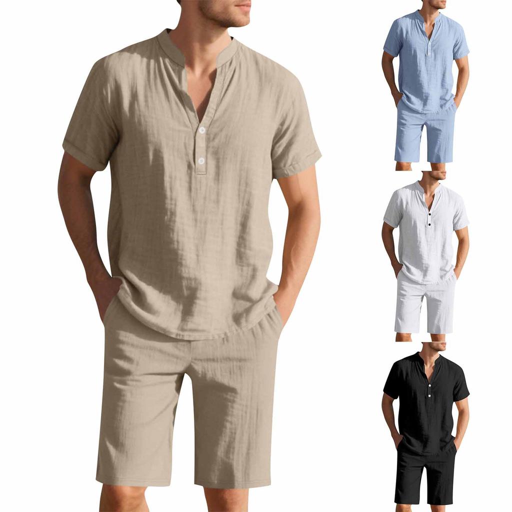 Men's Short Sleeve Shorts Suit Casual Loose Linen Men's Short Sleeve Shorts Suit
