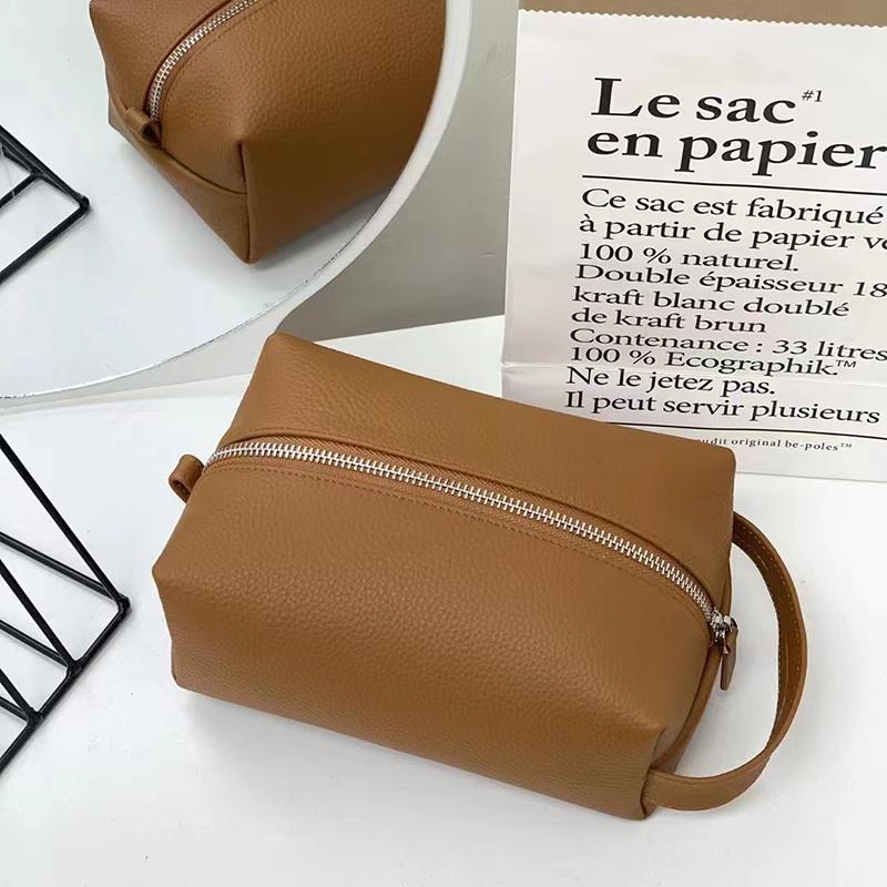 High Quality Soft Solid Color Leather Makeup Storage Pouch Portable Sport Outdoor Cosmetic Bag for Travel Handle Wash Bag