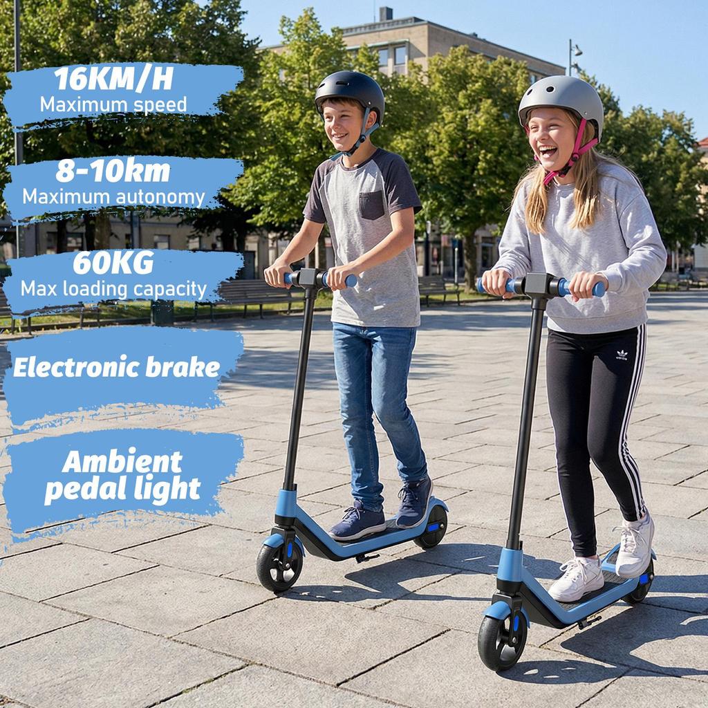 Elektrische Step voor Kinderen Leeftijd 8-12, 16 KM Bereik, Max. Snelheid 16KM/U, 6.5" Ultralichte Elektrische Step voor Kinderen met Kleurrijke Sfeerverlichting - Blauw