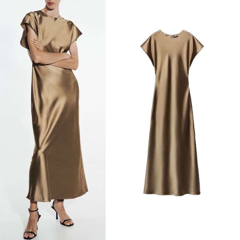 New Arrival Fancy Silk Satin Midi Skirt Dress Short Sleeve