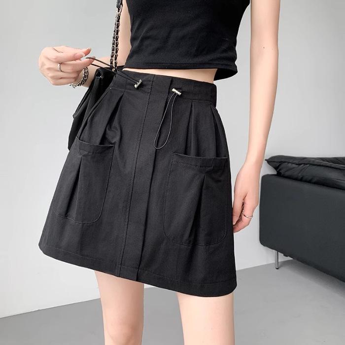 Gray Women's A-Line Midi Skirt with Elastic Drawstring Waist - Summer 2025 Anti-Exposure Workwear Style