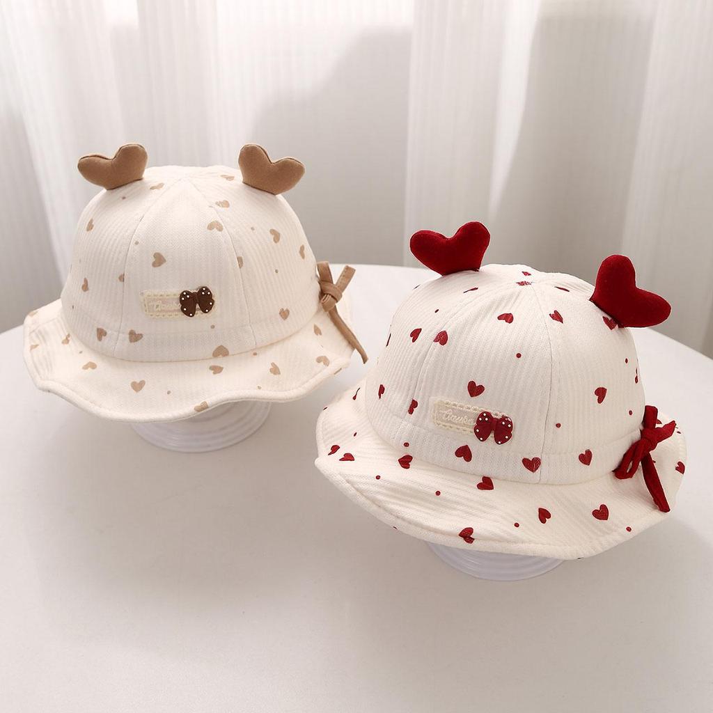 Sweet Baby Girl Bucket Hat Cute Heart Bow Toddler Fisherman Cap Outdoor Sunshade Kids Ruffled Hats