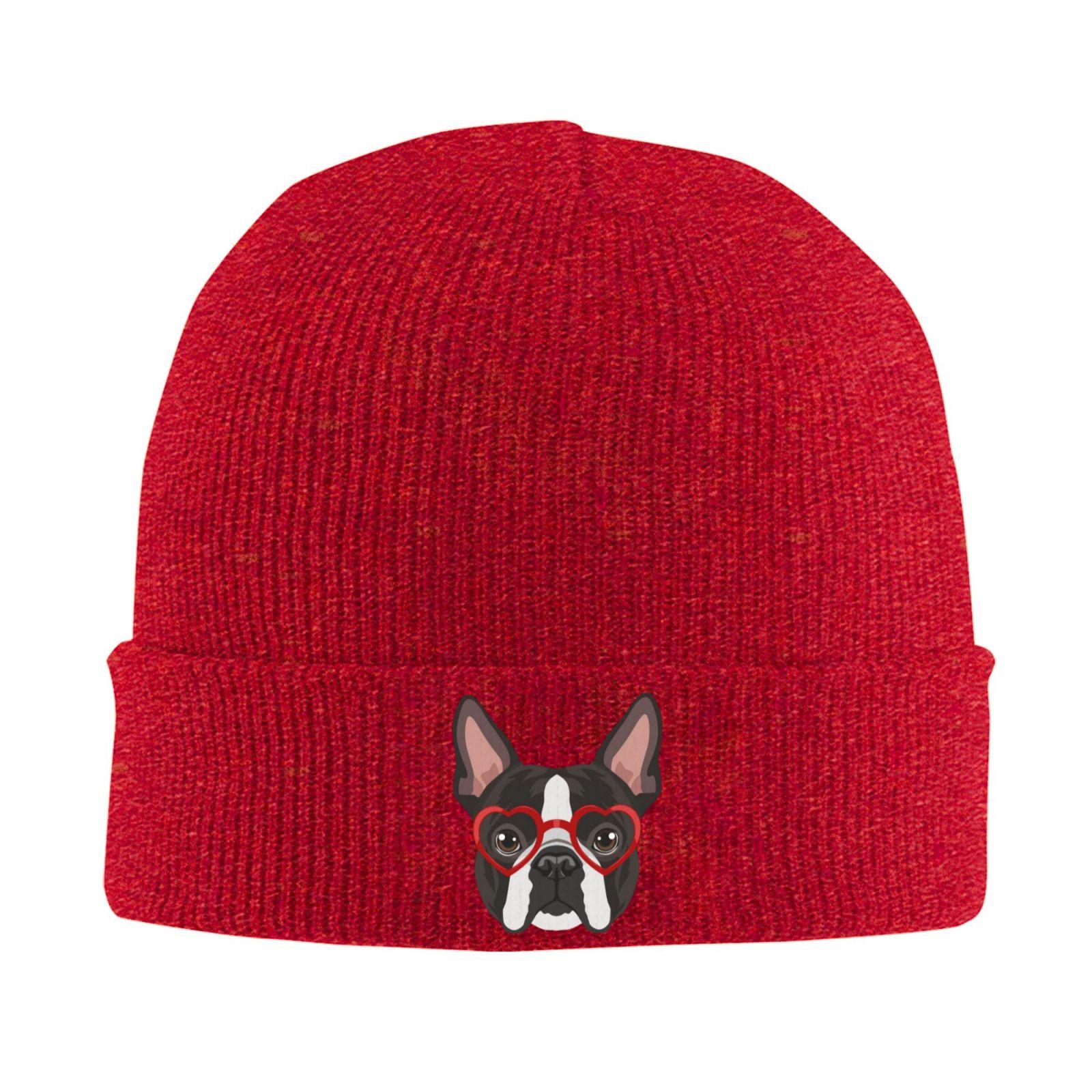 Boston Terrier Dog Hipster Glasses Print Warm Knitted Cap Hip Hop Hat Autumn Winter Outdoor Beanies Hat for Unisex Unisex Adult